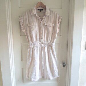 Ellen Tracy Linen Blend Tan & White Drawstring Mini Dress S